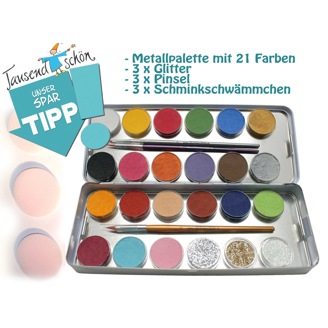21 + 3  Eulenspiegel Schminkfarben Set, Kinderschminke, Theaterschminke in Metallpalette mit 21 Farben, 3 Glitzer, 2 Profi-Pinsel, Schwämmchen, dermatologisch getestet, Deutsches Produkt