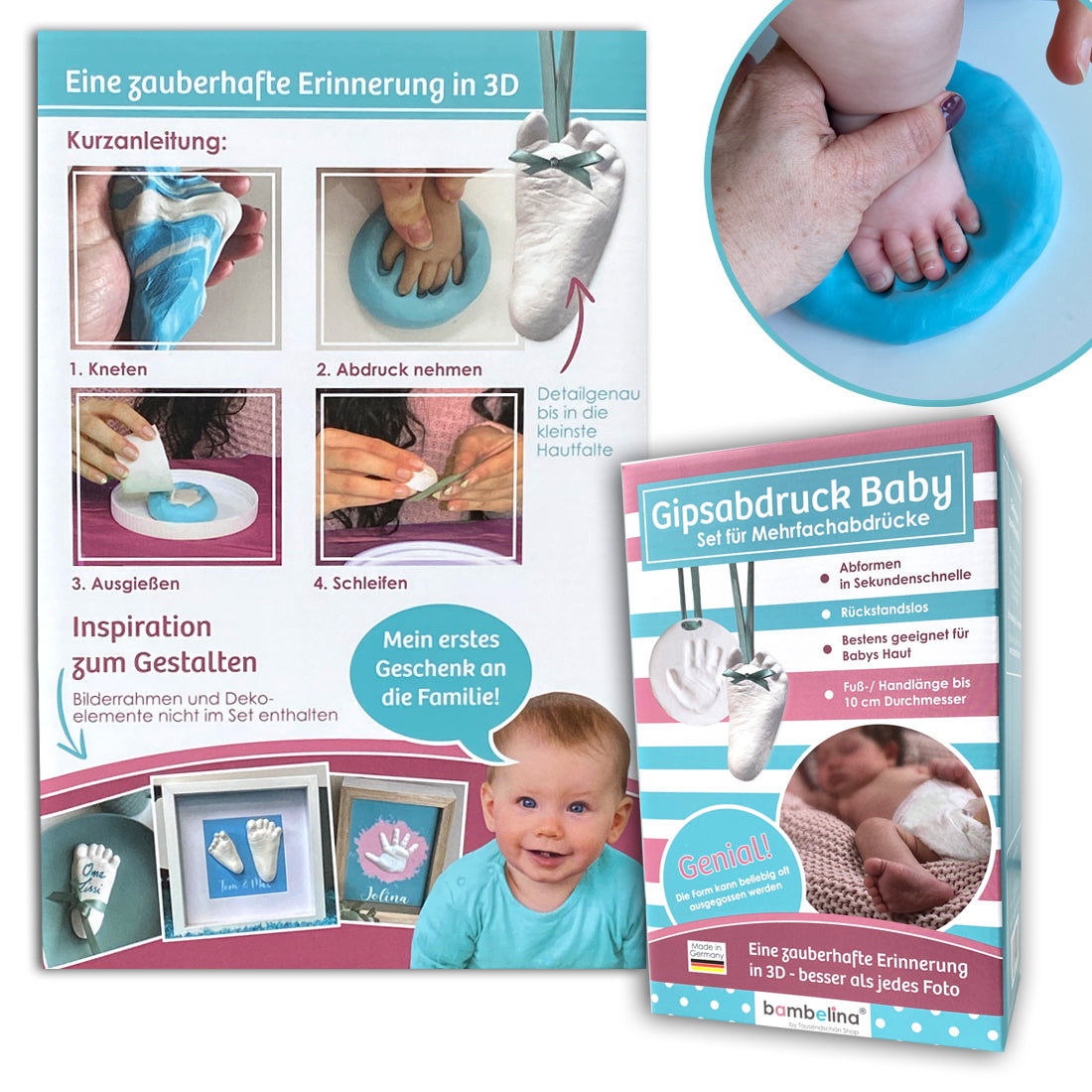 Gipsabdruck Babyfuß Babyhand, Handabdruck Fußabdruck in 3D, Fuß Hand Abdruck Gips, Taufe, Geburt, Taufkärtchen, Geschenk, Geschenkidee, Erinnerung Baby, Deutschland, bambelina, Tausendschön SHop